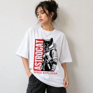 Women's 180 GSM Half Sleeve Round Neck T-shirt WHITE ASTROCAT