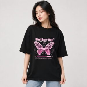 Women's 240 GSM Dropshoulder Oversized T-shirt BUTTERFLY BLACK